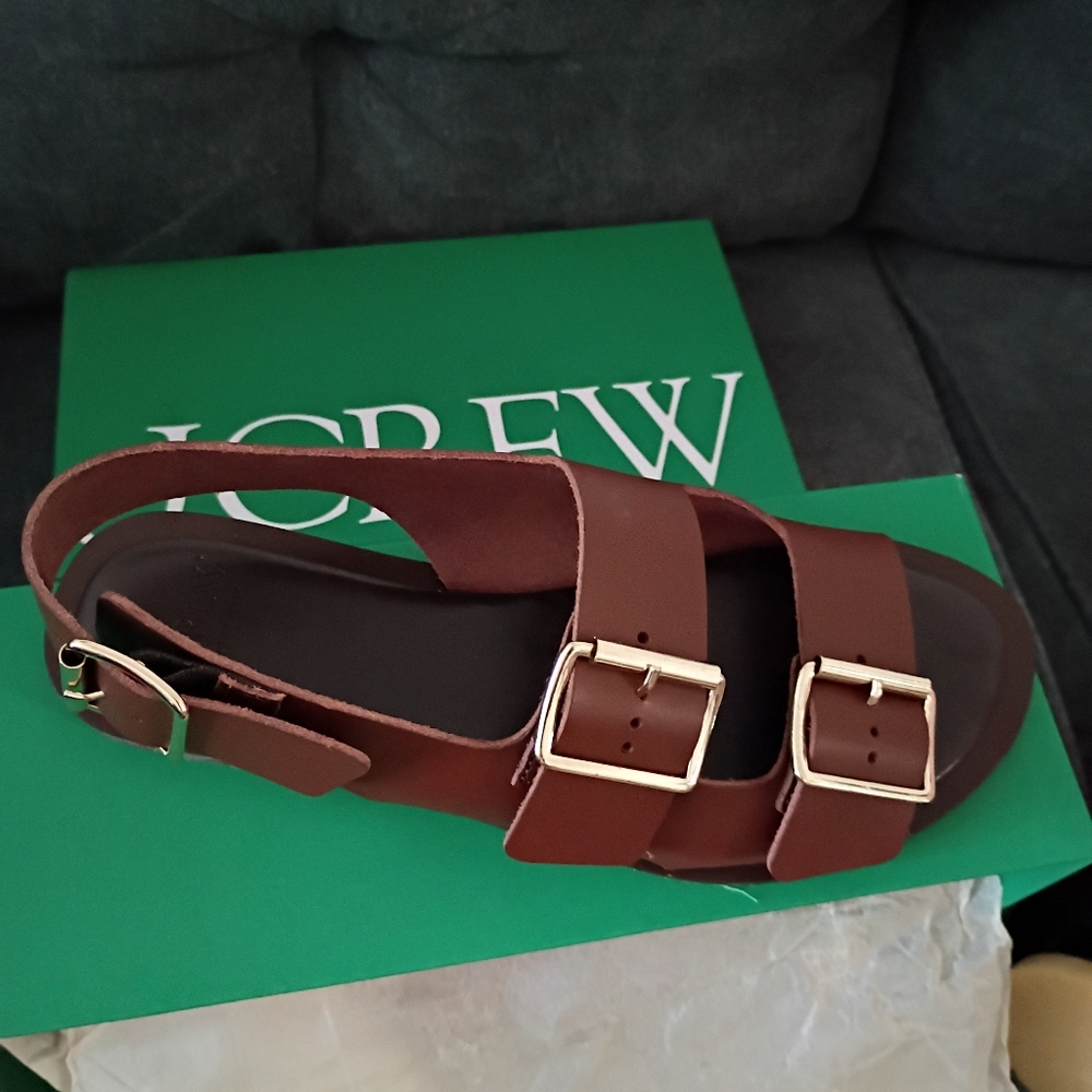 J. Crew Tan Sandals with Gold Buckles